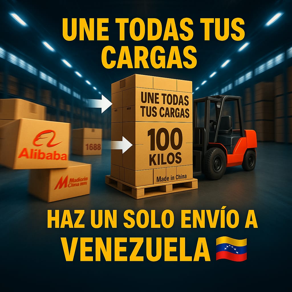 Consolidación de cargas: pallets y montacargas en almacén PIC Cargo en China, texto ‘Une todas tus cargas – 100 kilos – haz un solo envío a Venezuela’